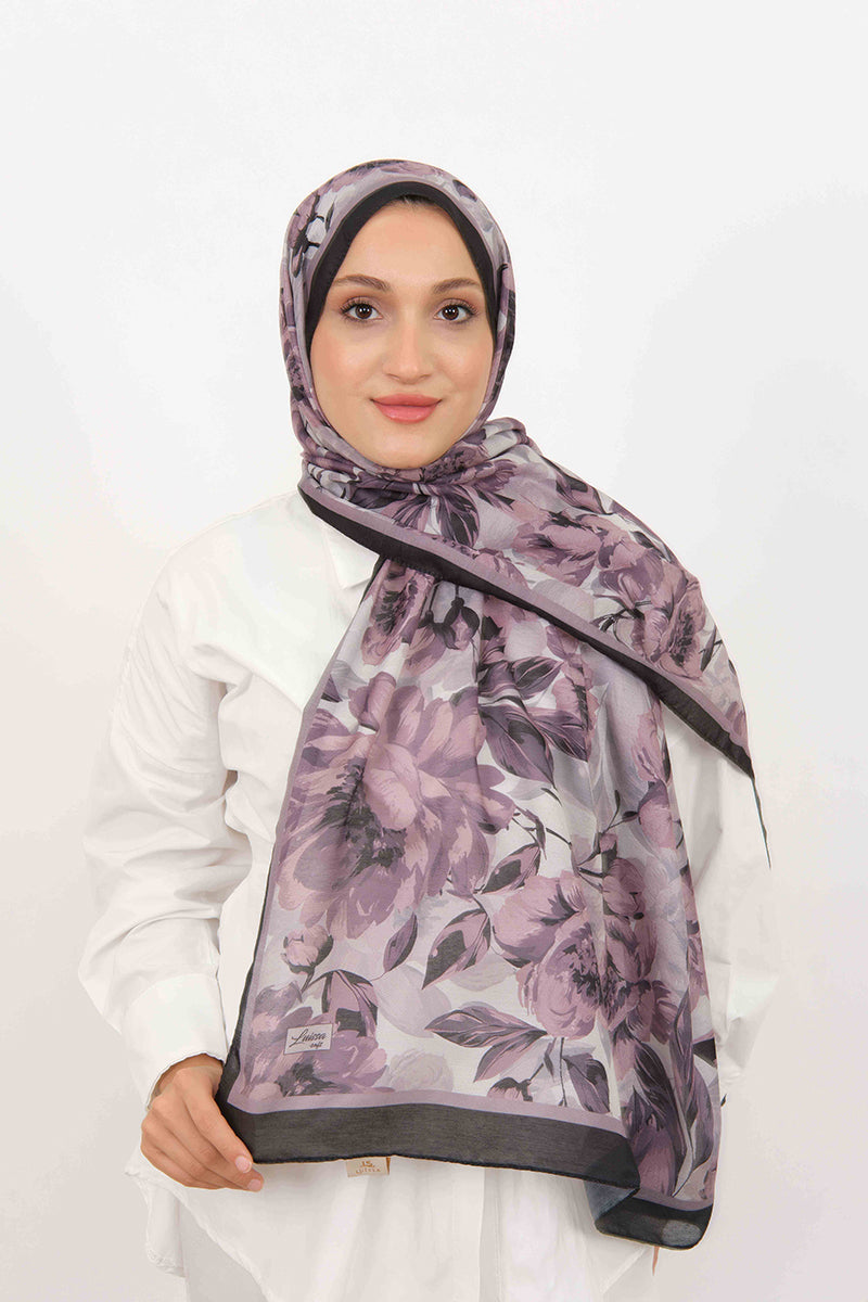 Soft Şal D061 Siyah-Mürdüm, çiçekli desenli, 75 × 185 cm şal – görsel 4