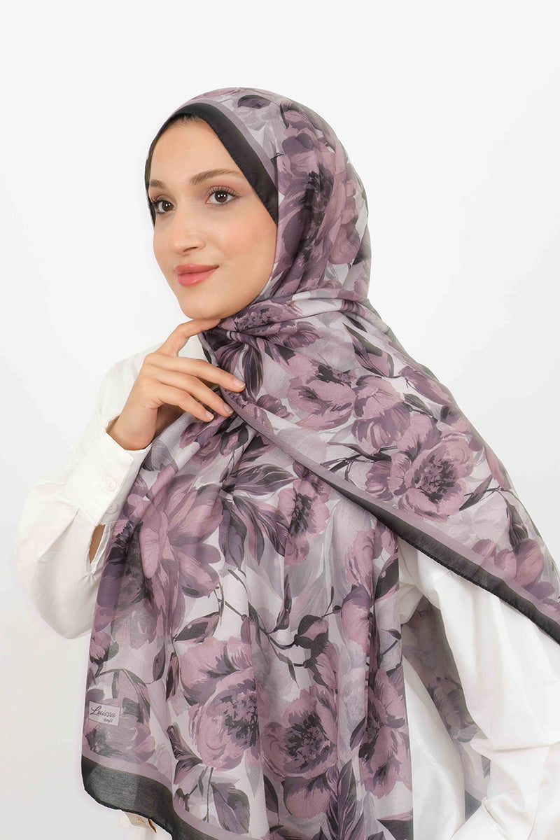Soft Şal D061 Siyah-Mürdüm, çiçekli desenli, 75 × 185 cm şal – görsel 3