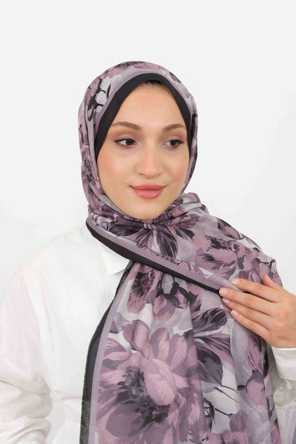 Soft Şal D061 Siyah-Mürdüm, çiçekli desenli, 75 × 185 cm şal – görsel 2
