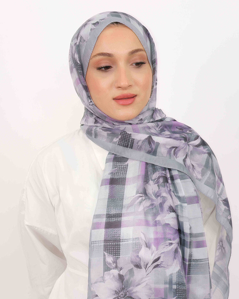 Soft Şal D062 Gri, çiçekli desenli, 75 × 185 cm şal – görsel 1