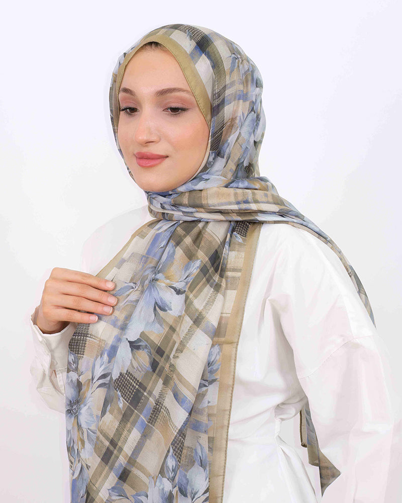 Soft Şal D062 Açık Haki, çiçekli desenli, 75 × 185 cm şal – görsel 2