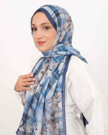 Soft Şal D062 Lacivert, çiçekli desenli, 75 × 185 cm şal – görsel 3