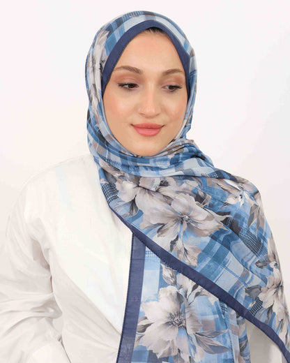 Soft Şal D062 Lacivert, çiçekli desenli, 75 × 185 cm şal – görsel 1