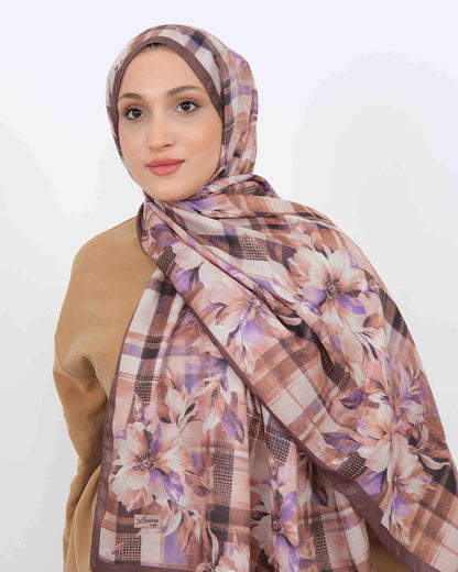 Soft Şal D062 Kahve-Mor, çiçekli desenli, 75 × 185 cm şal – görsel 1