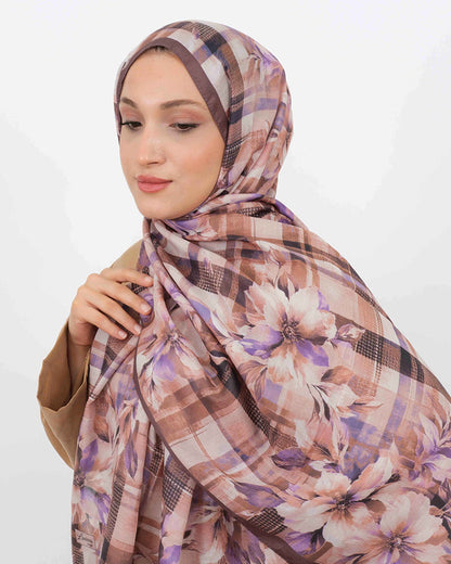 Soft Şal D062 Kahve-Mor, çiçekli desenli, 75 × 185 cm şal – görsel 2