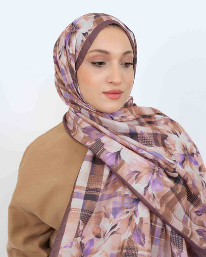 Soft Şal D062 Kahve-Mor, çiçekli desenli, 75 × 185 cm şal – görsel 3