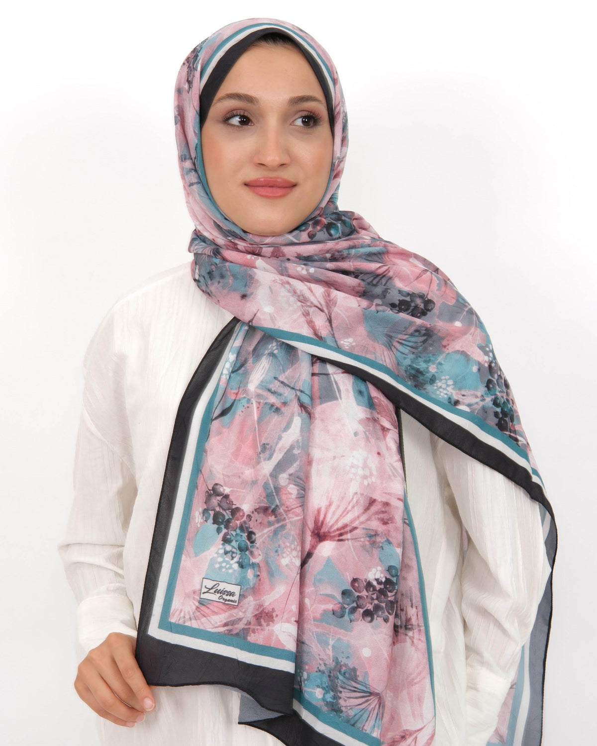 Soft Bambu Kraş Şal D050 Siyah-Beyaz, çiçekli desenli, 75 × 185 cm şal – görsel 2