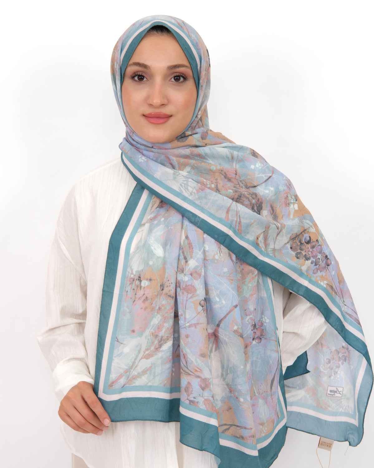 Soft Bambu Kraş Şal D050 Turkuaz, çiçekli desenli, 75 × 185 cm şal – görsel 2