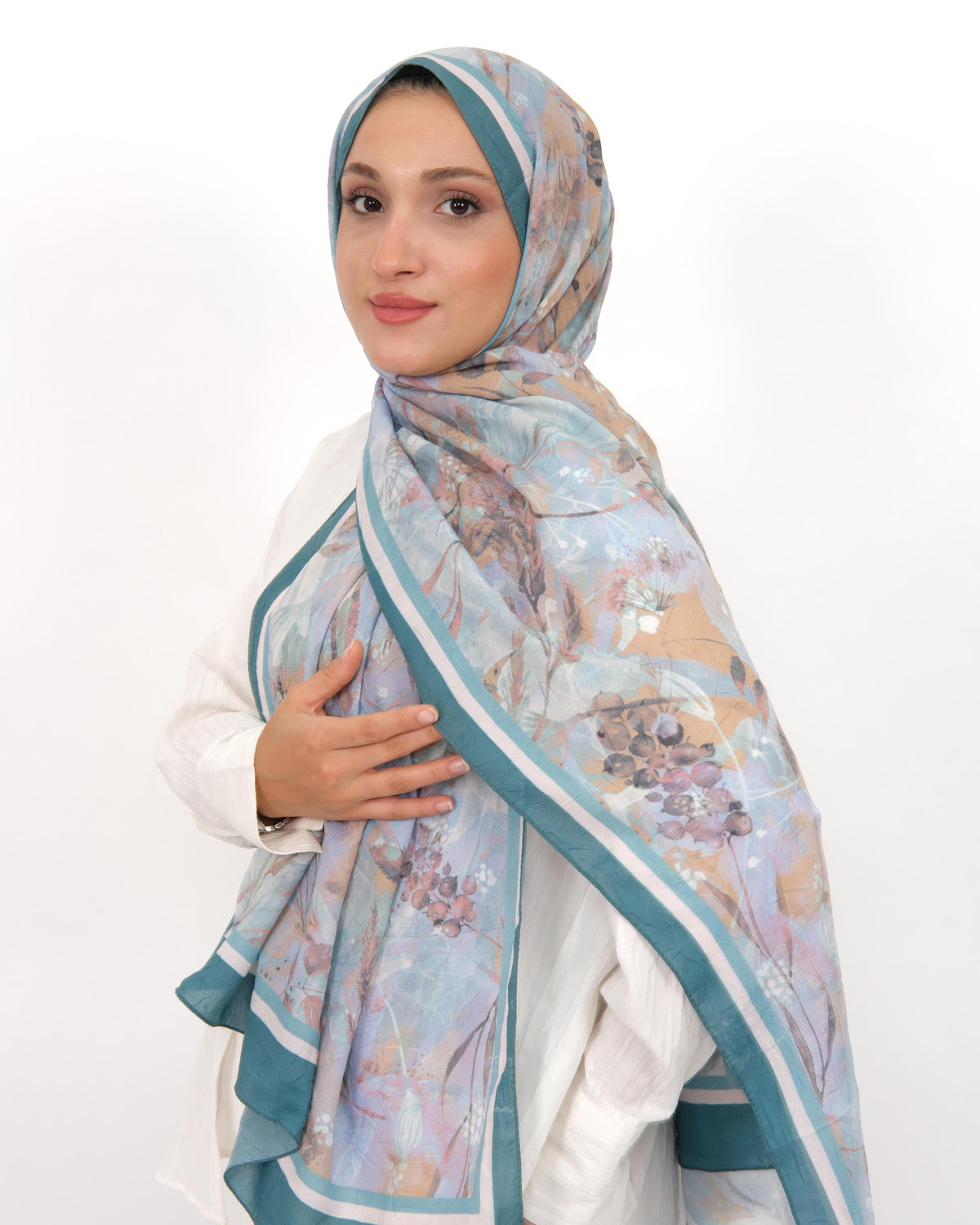 Soft Bambu Kraş Şal D050 Turkuaz, çiçekli desenli, 75 × 185 cm şal – görsel 1