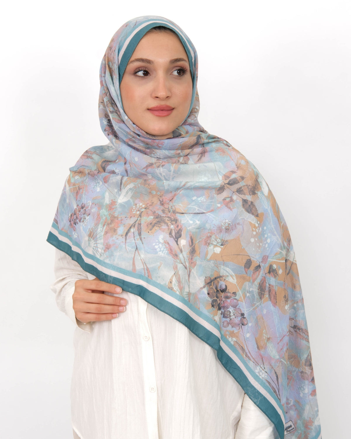 Soft Bambu Kraş Şal D050 Turkuaz, çiçekli desenli, 75 × 185 cm şal – görsel 3