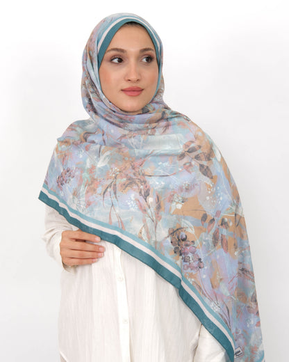 Soft Bambu Kraş Şal D050 Turkuaz, çiçekli desenli, 75 × 185 cm şal – görsel 3