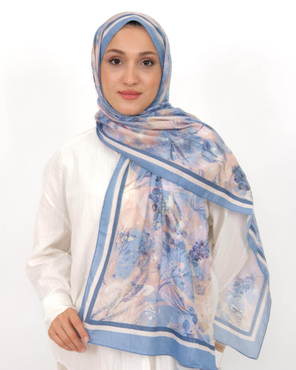 Soft Bambu Kraş Şal D050 Mavi, çiçekli desenli, 75 × 185 cm şal – görsel 2