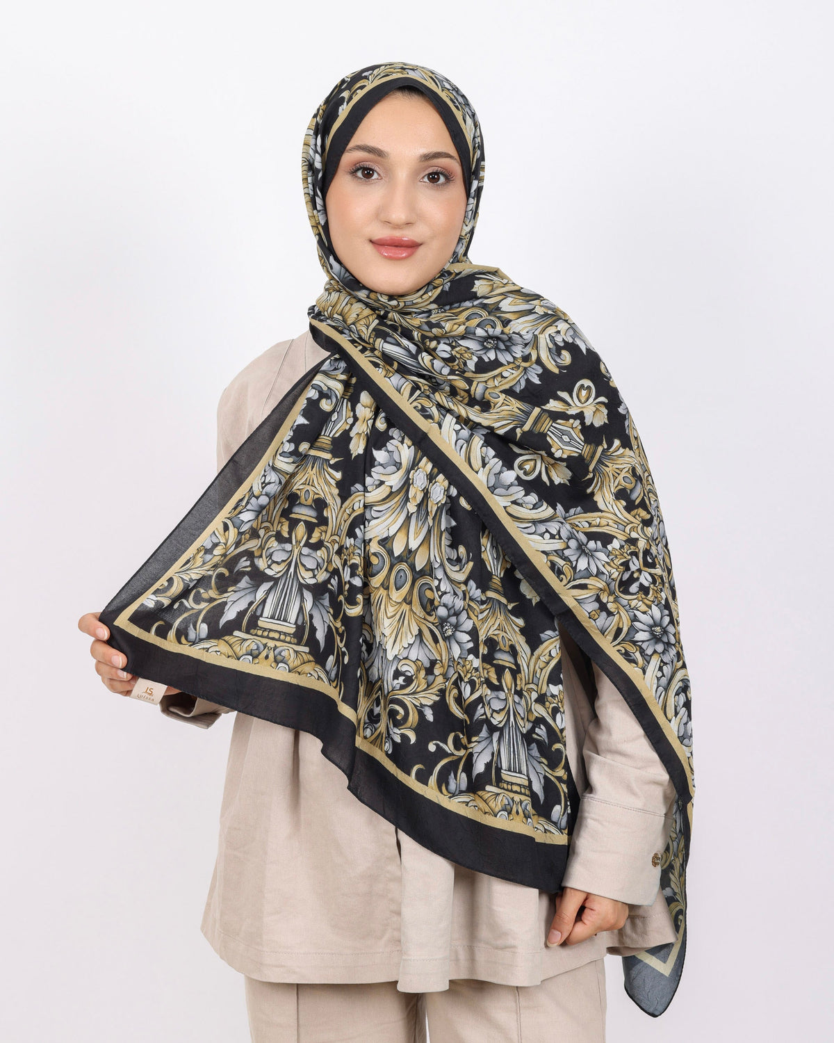 Soft Bambu Kraş Şal D040 Siyah-Gold, çiçekli desenli, 75 × 185 cm şal – görsel 2
