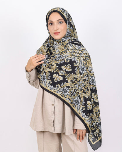 Soft Bambu Kraş Şal D040 Siyah-Gold, çiçekli desenli, 75 × 185 cm şal – görsel 1