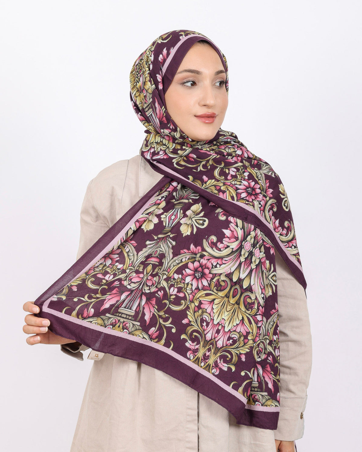 Soft Bambu Kraş Şal D040 Mürdüm, çiçekli desenli, 75 × 185 cm şal – görsel 1