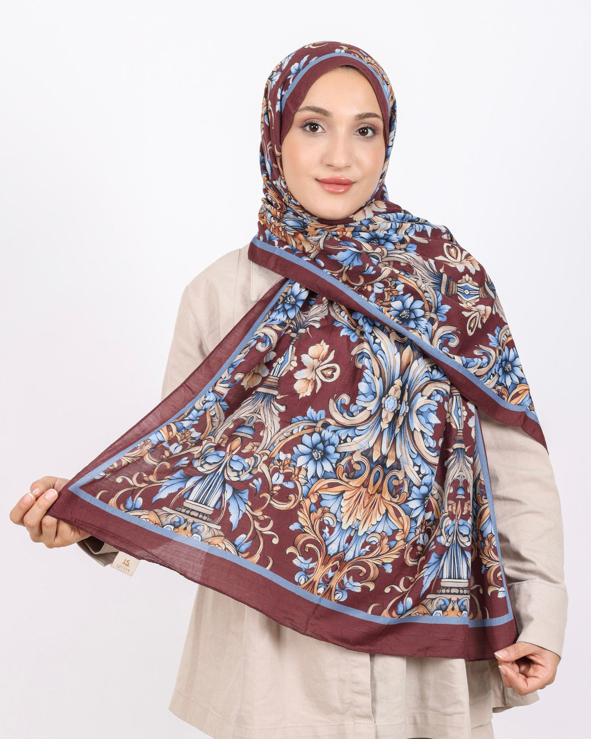 Soft Bambu Kraş Şal D040 Bordo-Mavi, çiçekli desenli, 75 × 185 cm şal – görsel 2