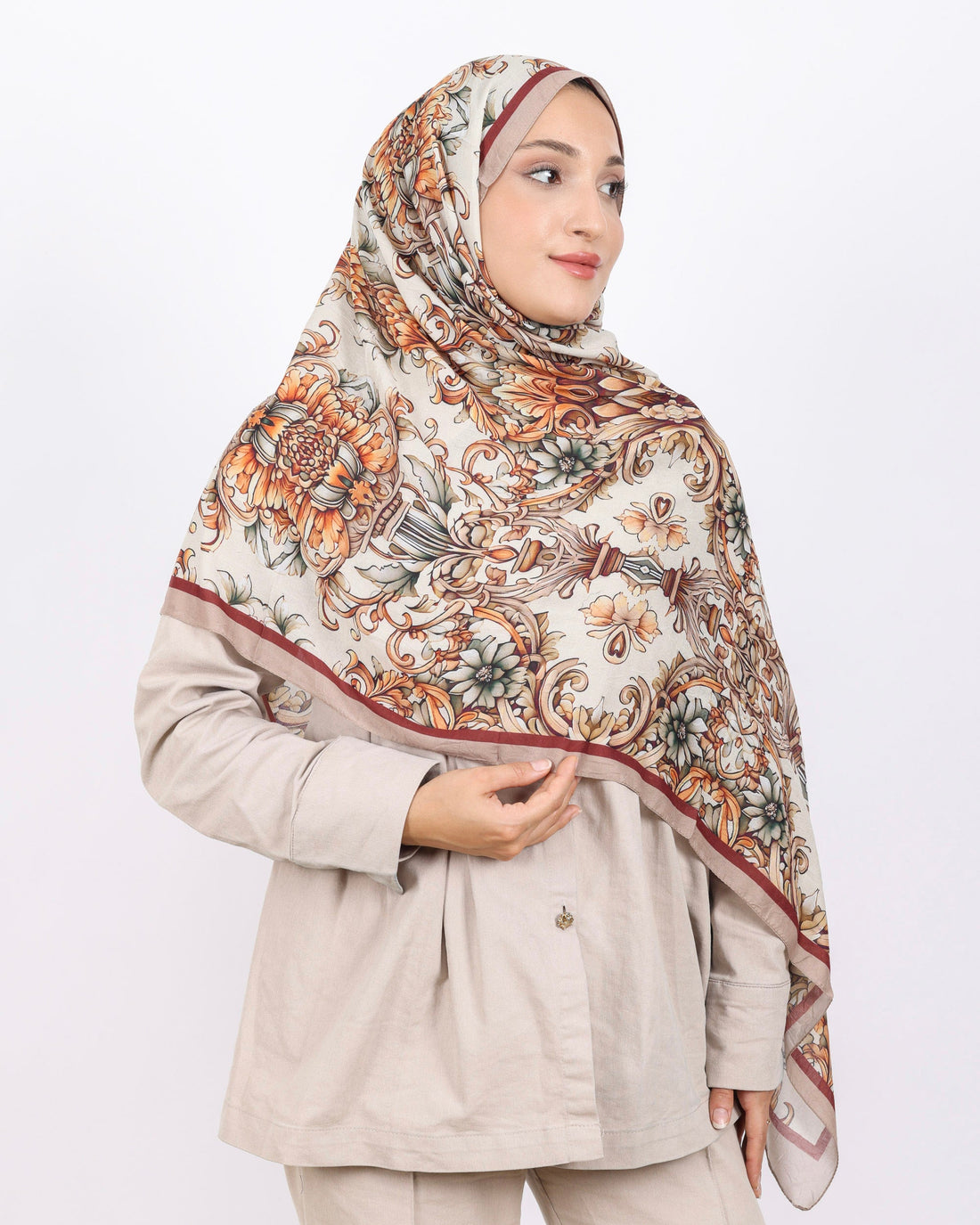 Soft Bambu Kraş Şal D040 Bej, çiçekli desenli, 75 × 185 cm şal – görsel 1