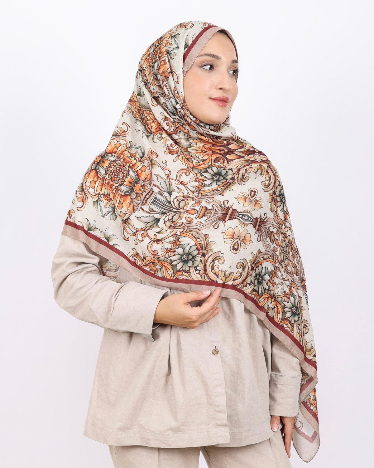 Soft Bambu Kraş Şal D040 Bej, çiçekli desenli, 75 × 185 cm şal – görsel 1