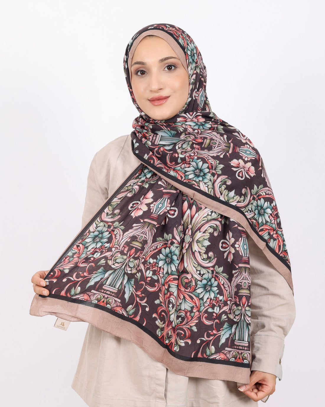 Soft Bambu Kraş Şal D040 Vizon, çiçekli desenli, 75 × 185 cm şal – görsel 1