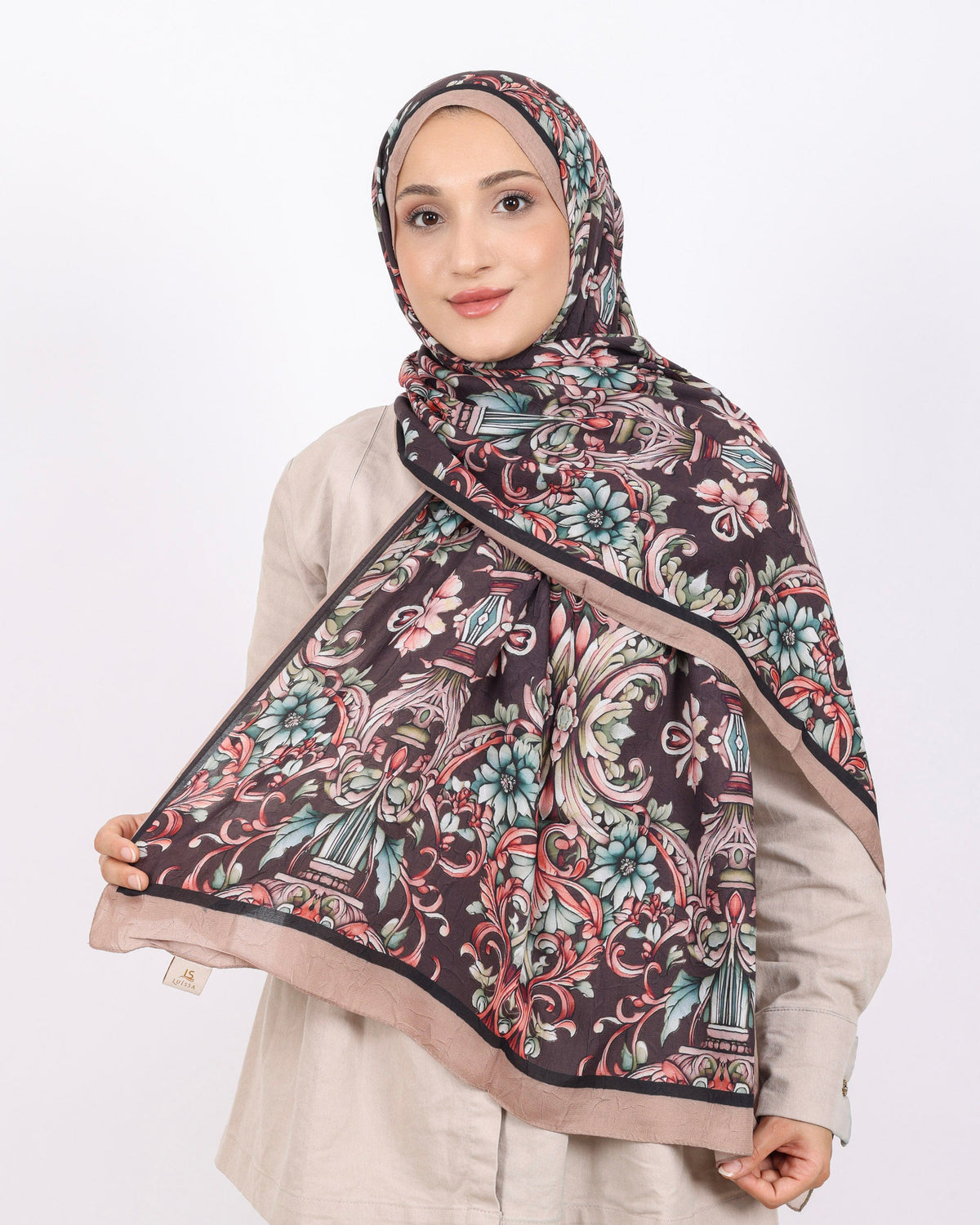 Soft Bambu Kraş Şal D040 Vizon, çiçekli desenli, 75 × 185 cm şal – görsel 1