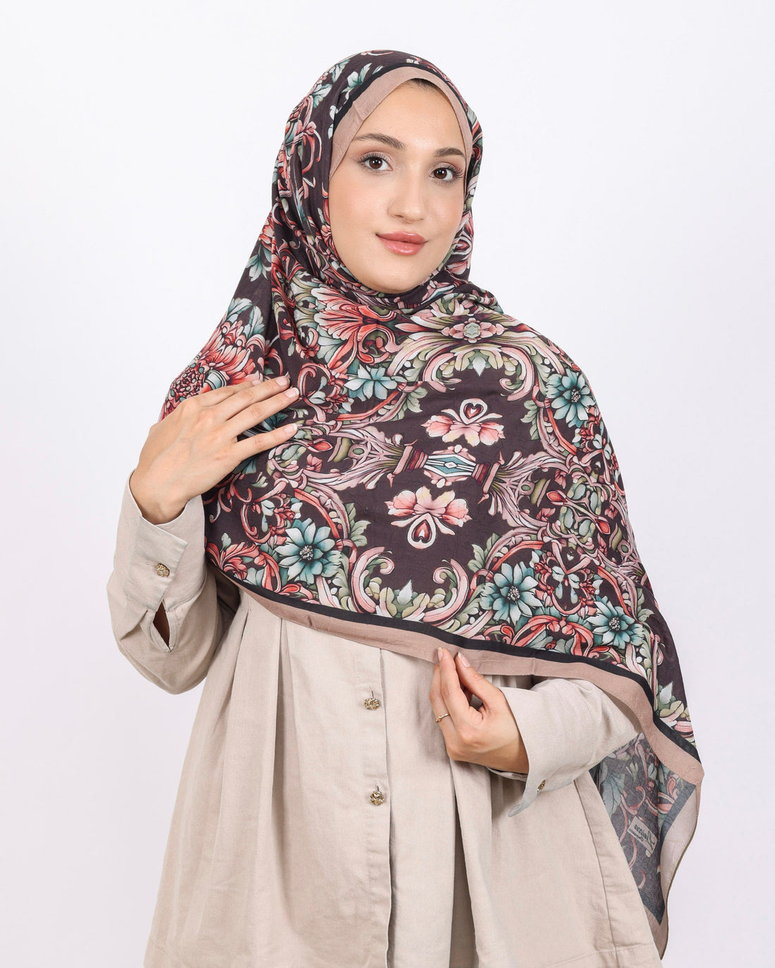 Soft Bambu Kraş Şal D040 Vizon, çiçekli desenli, 75 × 185 cm şal – görsel 2