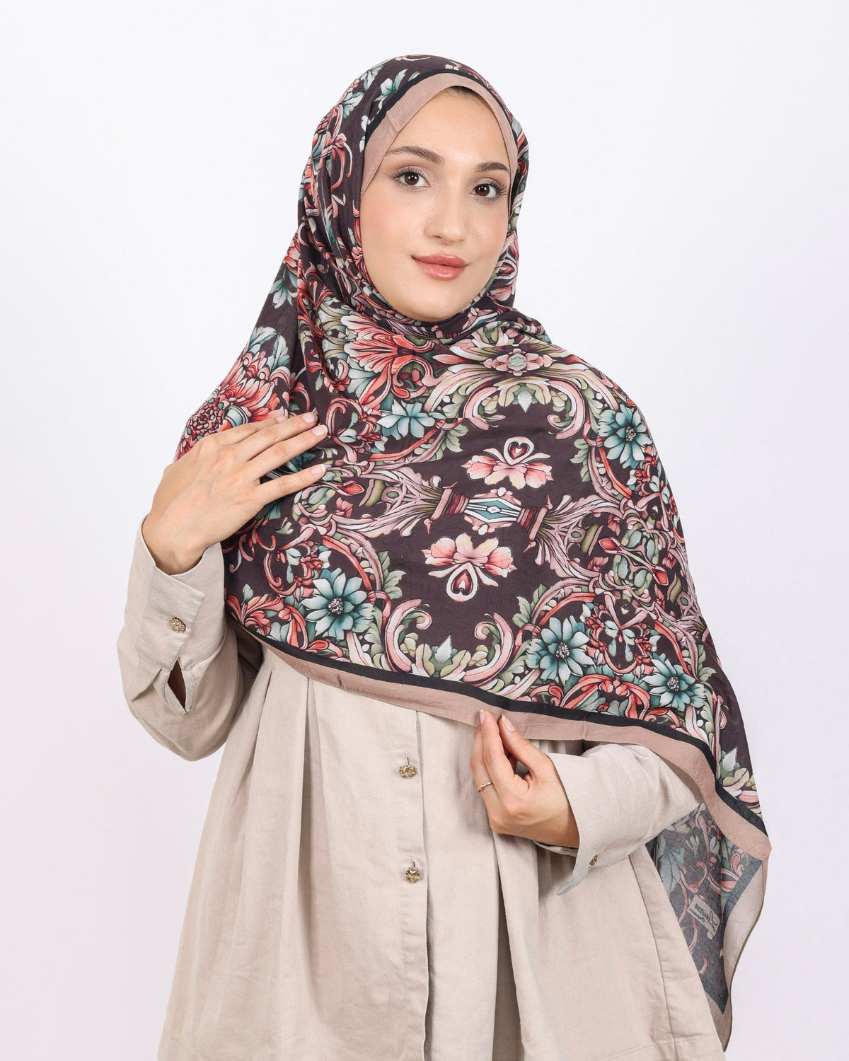 Soft Bambu Kraş Şal D040 Vizon, çiçekli desenli, 75 × 185 cm şal – görsel 2