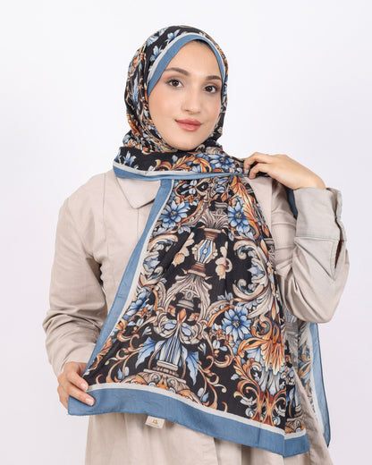 Soft Bambu Kraş Şal D040 İndigo-Mavi, çiçekli desenli, 75 × 185 cm şal – görsel 2