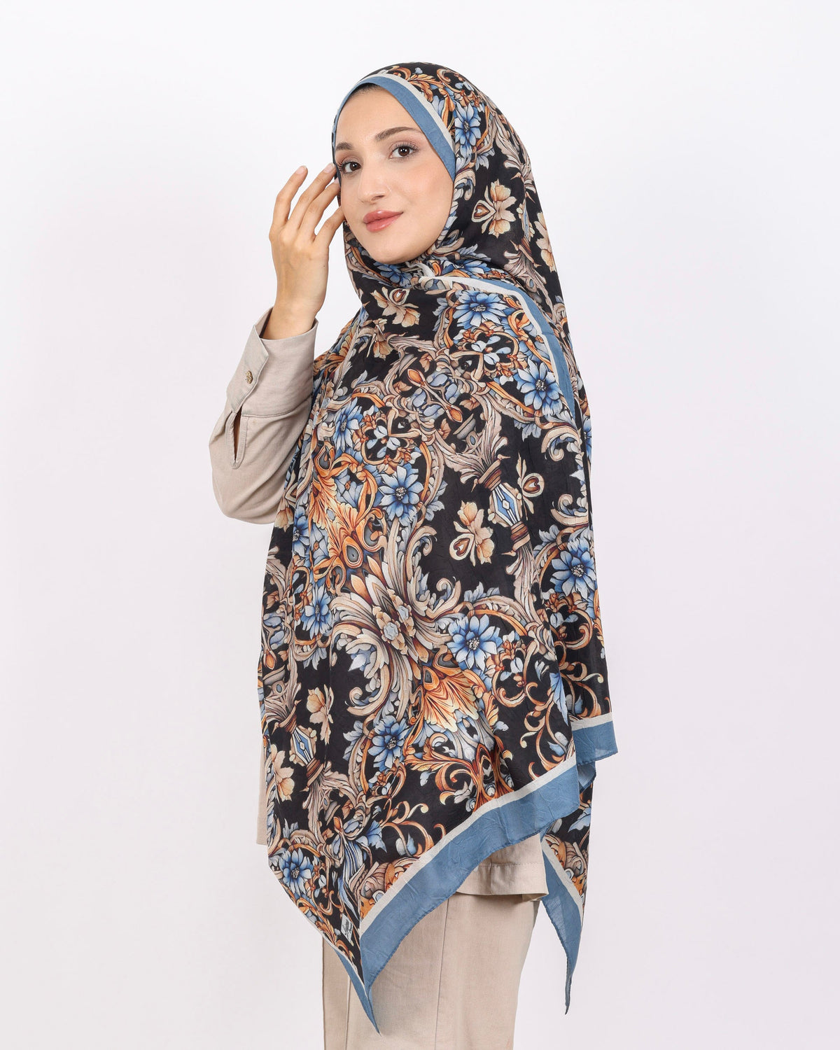 Soft Bambu Kraş Şal D040 İndigo-Mavi, çiçekli desenli, 75 × 185 cm şal – görsel 1