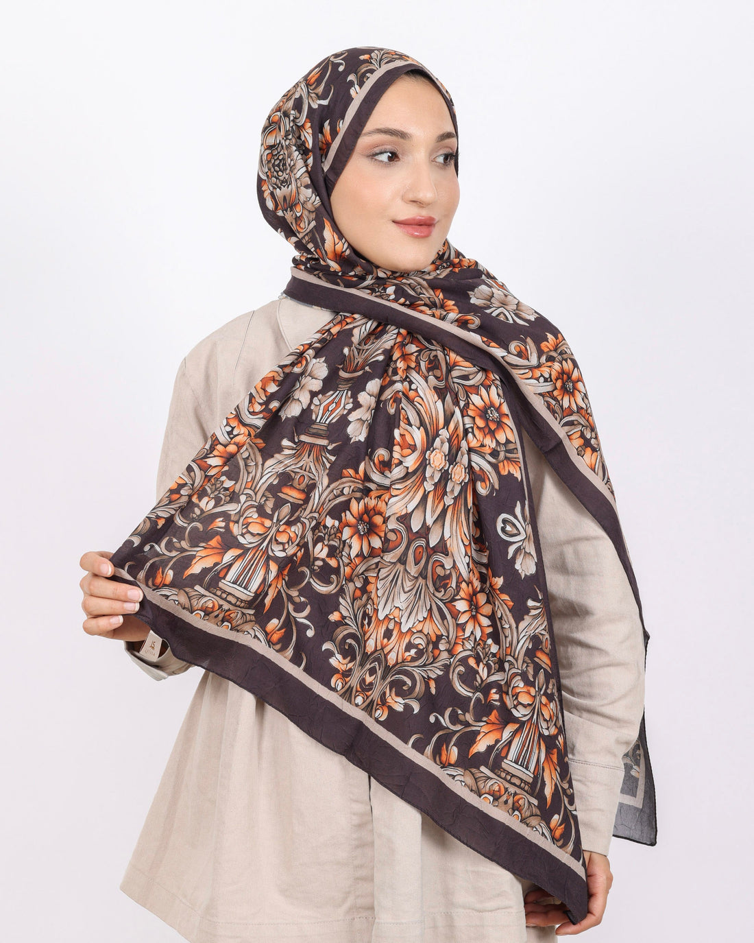 Soft Bambu Kraş Şal D040 Acı Kahve, çiçekli desenli, 75 × 185 cm şal – görsel 1