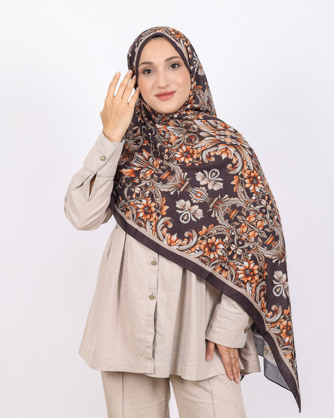 Soft Bambu Kraş Şal D040 Acı Kahve, çiçekli desenli, 75 × 185 cm şal – görsel 2