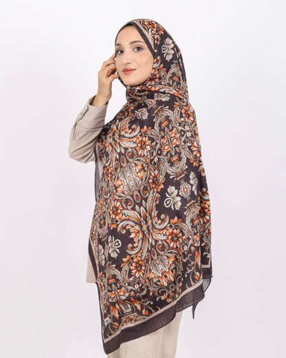 Soft Bambu Kraş Şal D040 Acı Kahve, çiçekli desenli, 75 × 185 cm şal – görsel 3