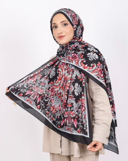 Soft Bambu Kraş Şal D040 Siyah-Gri, çiçekli desenli, 75 × 185 cm şal – görsel 2