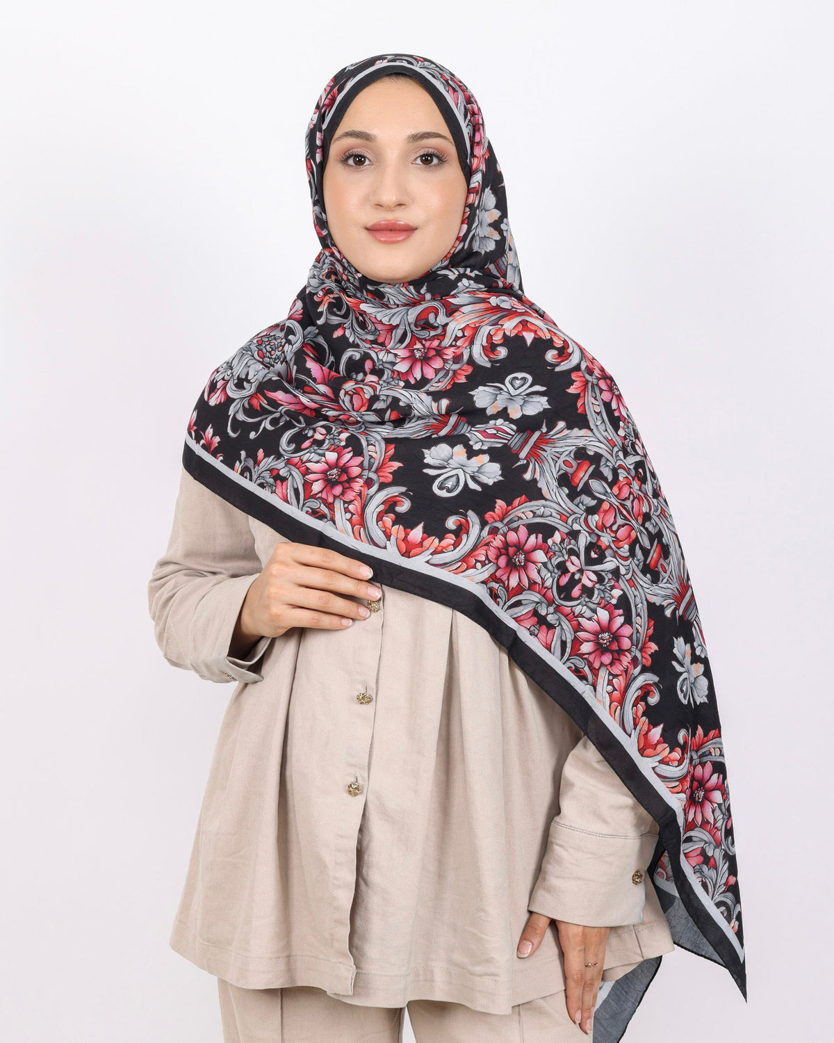 Soft Bambu Kraş Şal D040 Siyah-Gri, çiçekli desenli, 75 × 185 cm şal – görsel 3