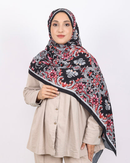 Soft Bambu Kraş Şal D040 Siyah-Gri, çiçekli desenli, 75 × 185 cm şal – görsel 3