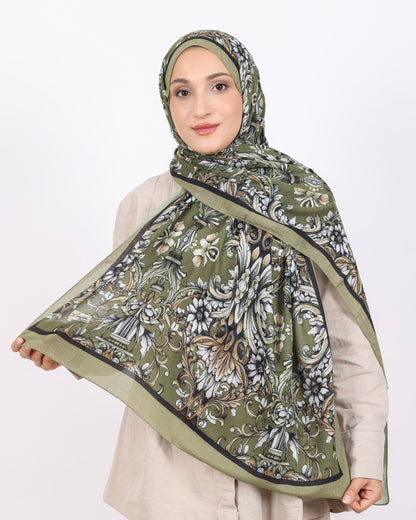 Soft Bambu Kraş Şal D040 Zeytin Yeşili, çiçekli desenli, 75 × 185 cm şal – görsel 2