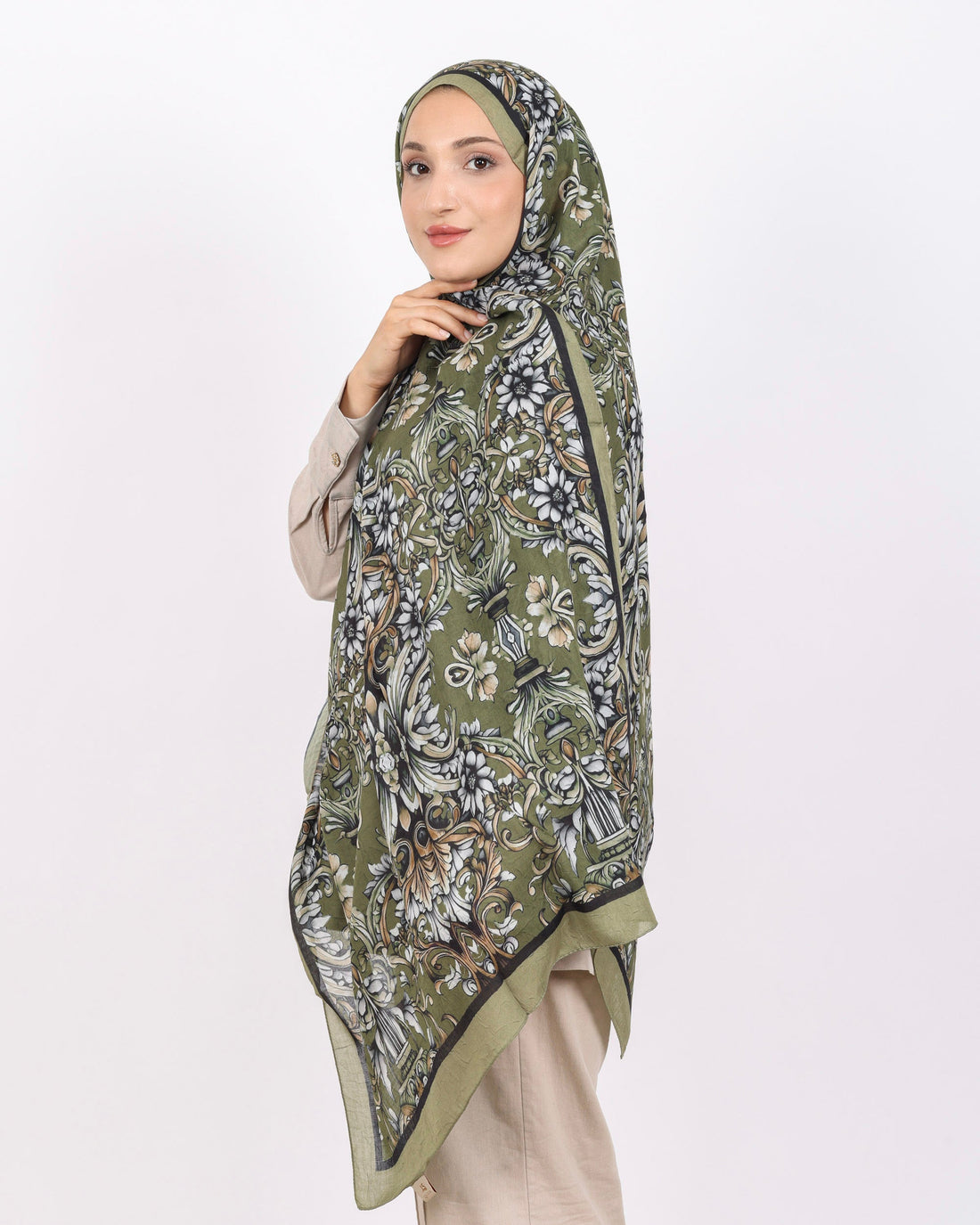 Soft Bambu Kraş Şal D040 Zeytin Yeşili, çiçekli desenli, 75 × 185 cm şal – görsel 1