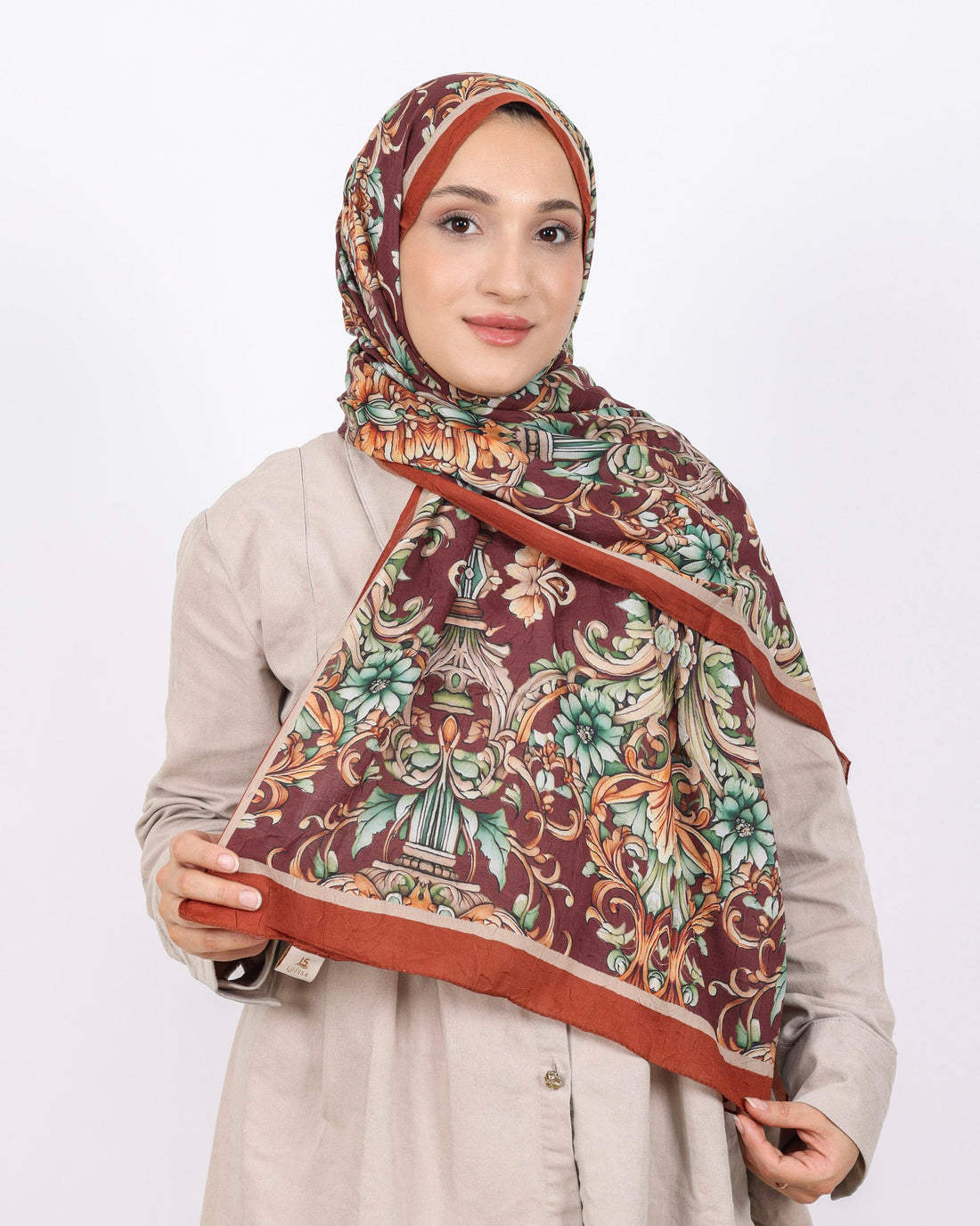 Soft Bambu Kraş Şal D040 Kiremit, çiçekli desenli, 75 × 185 cm şal – görsel 2