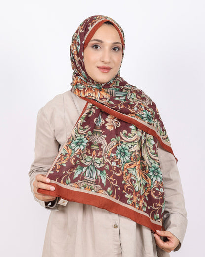 Soft Bambu Kraş Şal D040 Kiremit, çiçekli desenli, 75 × 185 cm şal – görsel 2