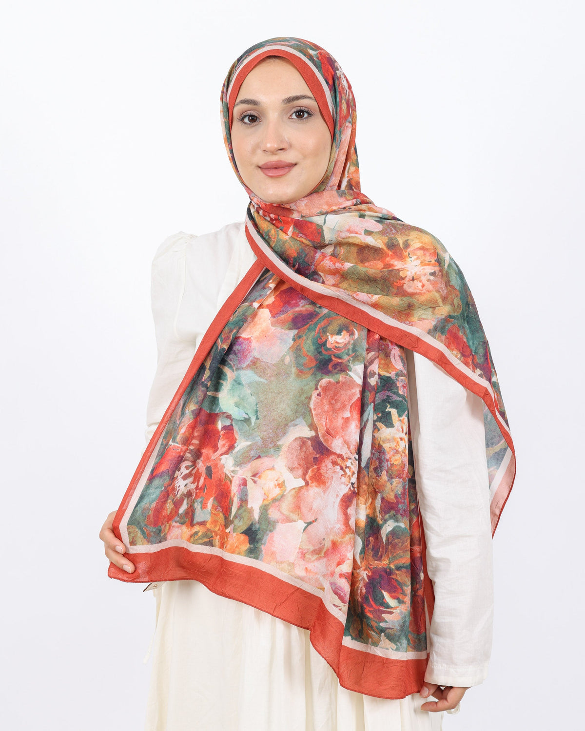 Soft Bambu Kraş Şal D053 Kiremit, çiçekli desenli, 75 × 185 cm şal – görsel 2