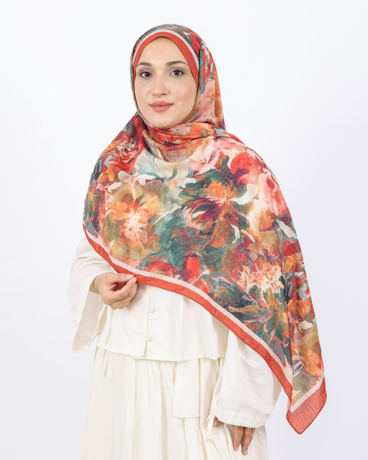 Soft Bambu Kraş Şal D053 Kiremit, çiçekli desenli, 75 × 185 cm şal – görsel 3