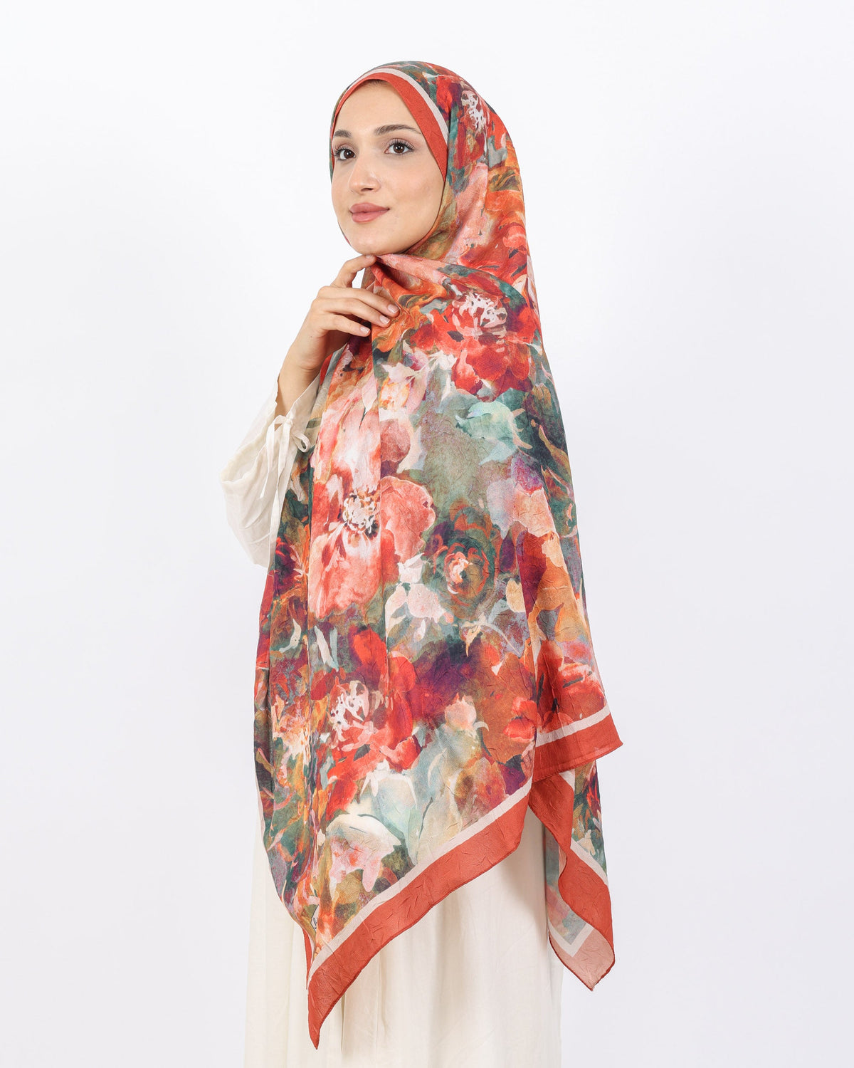 Soft Bambu Kraş Şal D053 Kiremit, çiçekli desenli, 75 × 185 cm şal – görsel 1