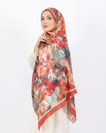 Soft Bambu Kraş Şal D053 Kiremit, çiçekli desenli, 75 × 185 cm şal – görsel 1