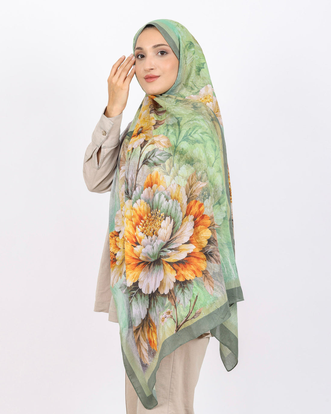 Soft Bambu Kraş Şal D041 Su Yeşili, çiçekli desenli, 75 × 185 cm şal – görsel 2