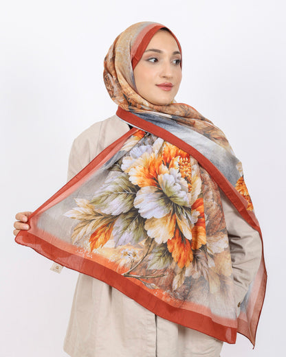 Soft Bambu Kraş Şal D041 Kiremit, çiçekli desenli, 75 × 185 cm şal – görsel 1