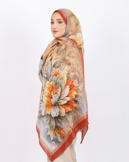 Soft Bambu Kraş Şal D041 Kiremit, çiçekli desenli, 75 × 185 cm şal – görsel 3