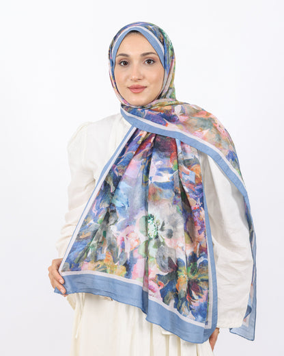 Soft Bambu Kraş Şal D053 Mavi-Beyaz, çiçekli desenli, 75 × 185 cm şal – görsel 1