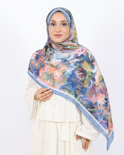 Soft Bambu Kraş Şal D053 Mavi-Beyaz, çiçekli desenli, 75 × 185 cm şal – görsel 2