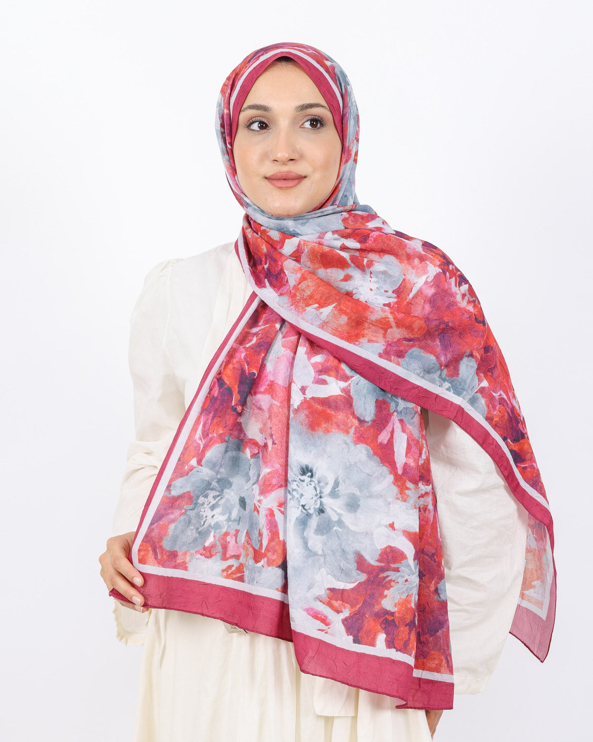 Soft Bambu Kraş Şal D053 Mürdüm-Beyaz, çiçekli desenli, 75 × 185 cm şal – görsel 2