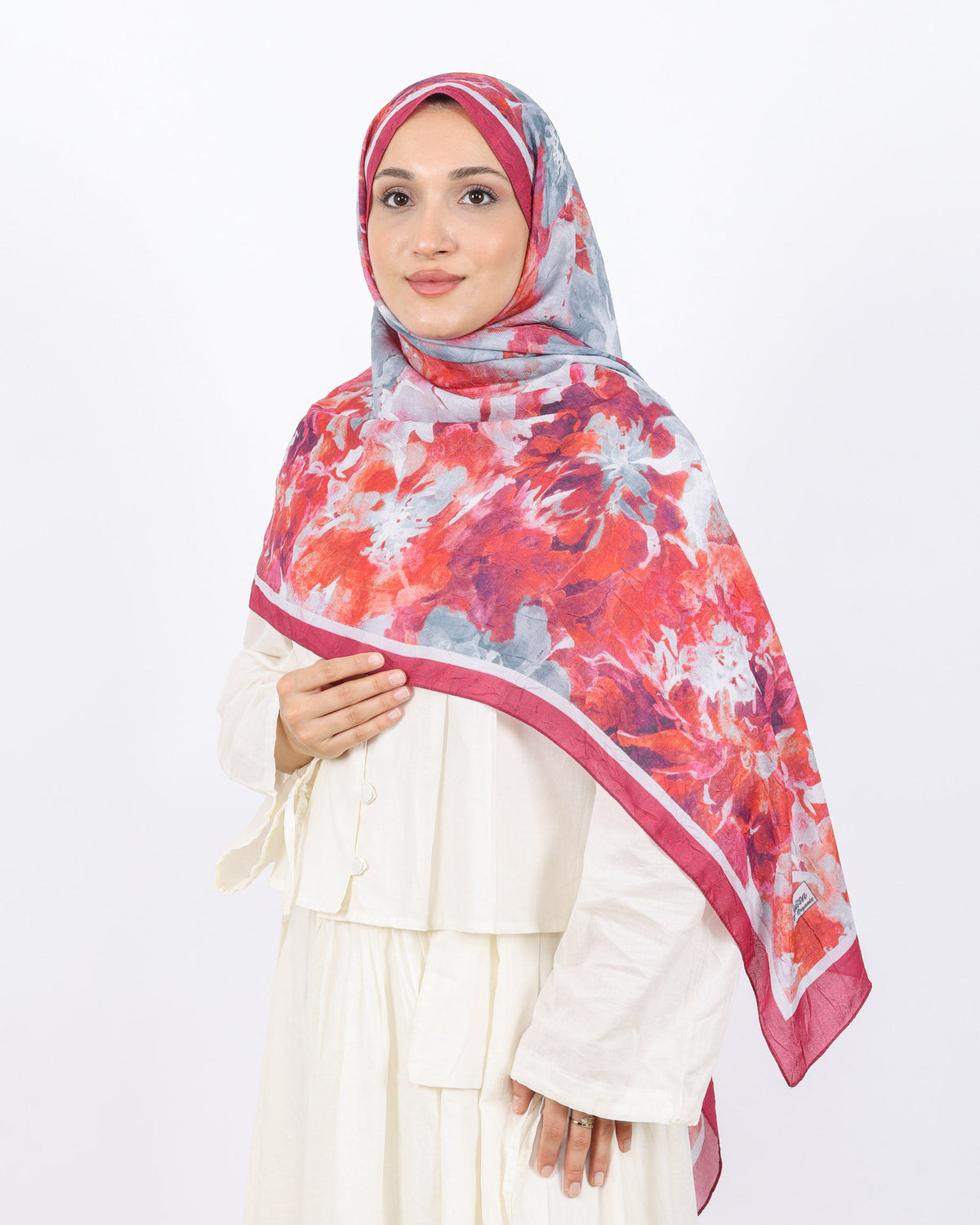 Soft Bambu Kraş Şal D053 Mürdüm-Beyaz, çiçekli desenli, 75 × 185 cm şal – görsel 3