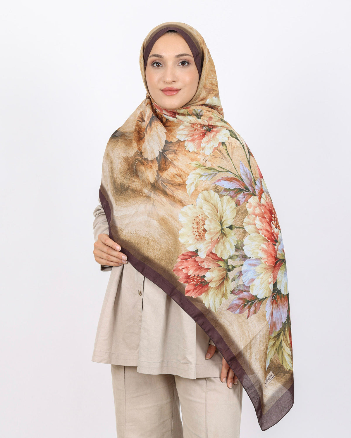 Soft Bambu Kraş Şal D041 Kahverengi, çiçekli desenli, 75 × 185 cm şal – görsel 1